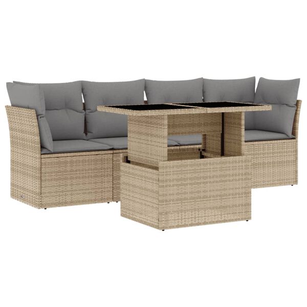 vidaXL 5-tlg. Garten-Sofagarnitur mit Kissen Beige Poly Rattan