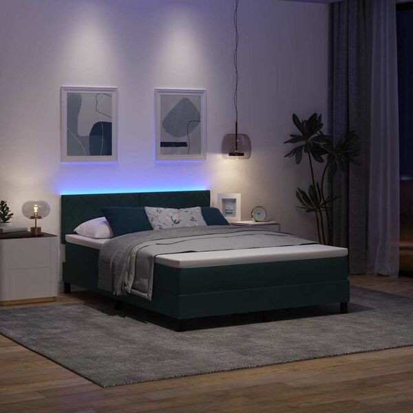 vidaXL LED Boxspringbett mit Matratze Dunkelgr&uuml;n 140 x 190 cm Samt