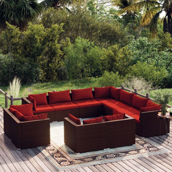 vidaXL 11-tlg. Garten-Lounge-Set mit Kissen Braun Poly Rattan