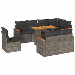vidaXL 9-tlg. Garten-Sofagarnitur mit Kissen Grau Poly Rattan Akazie