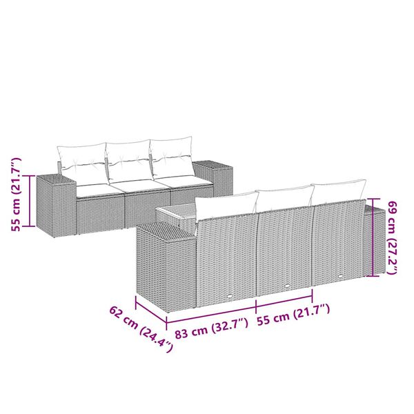 vidaXL 7-tlg. Garten-Sofagarnitur mit Kissen Schwarz Poly Rattan