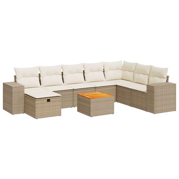 vidaXL 9-tlg. Garten-Sofagarnitur mit Kissen Beige Poly Rattan