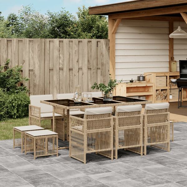 vidaXL 11-tlg. Garten-Essgruppe mit Kissen Beige Poly Rattan
