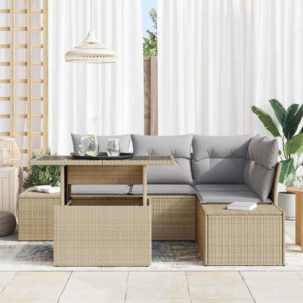 vidaXL Gartensofa-set mit Kissen mit Speicher 5 pcs Beige Poly-Rattan