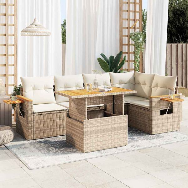 vidaXL 6-tlg. Garten-Sofagarnitur mit Kissen Beige Poly Rattan Akazie