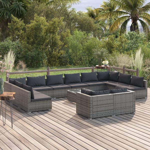 vidaXL 13-tlg. Garten-Lounge-Set mit Kissen Grau Poly Rattan