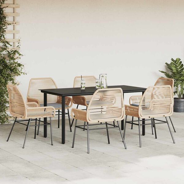 vidaXL 7-tlg. Garten-Essgruppe mit Kissen Braun Poly Rattan Glas
