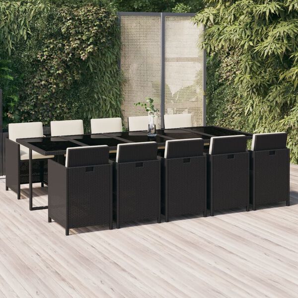 vidaXL 11-tlg. Garten-Essgruppe mit Kissen Poly Rattan Schwarz