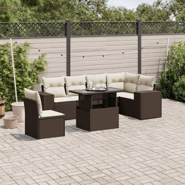 vidaXL 7-tlg. Garten-Sofagarnitur mit Kissen Braun Poly Rattan