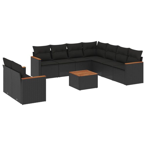 vidaXL 10-tlg. Garten-Sofagarnitur mit Kissen Schwarz Poly Rattan