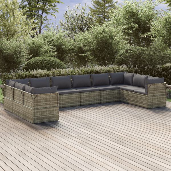 vidaXL 10-tlg. Garten-Lounge-Set mit Kissen Grau Poly Rattan
