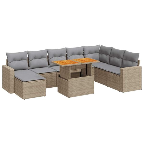 vidaXL 9-tlg. Garten-Sofagarnitur mit Kissen Beige Poly Rattan