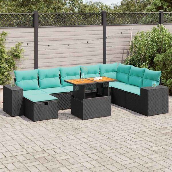 vidaXL 9-tlg. Garten-Sofagarnitur mit Kissen Schwarz Poly Rattan