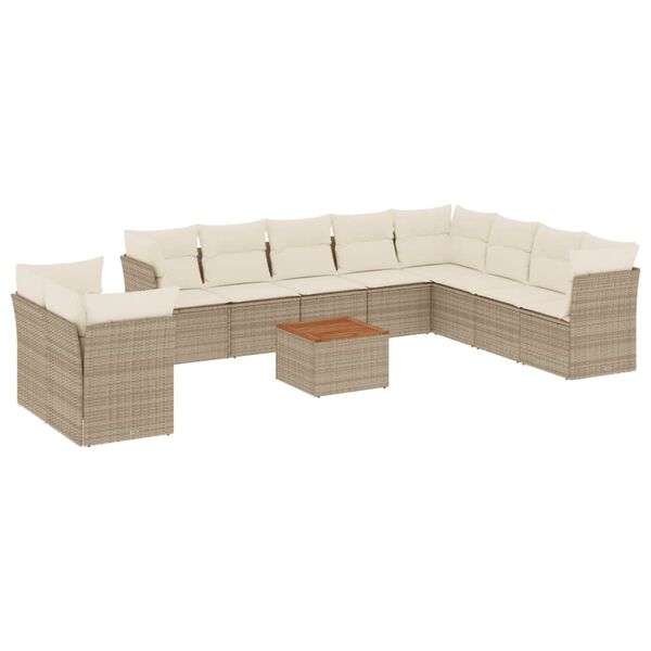 vidaXL 11-tlg. Garten-Sofagarnitur mit Kissen Beige Poly Rattan