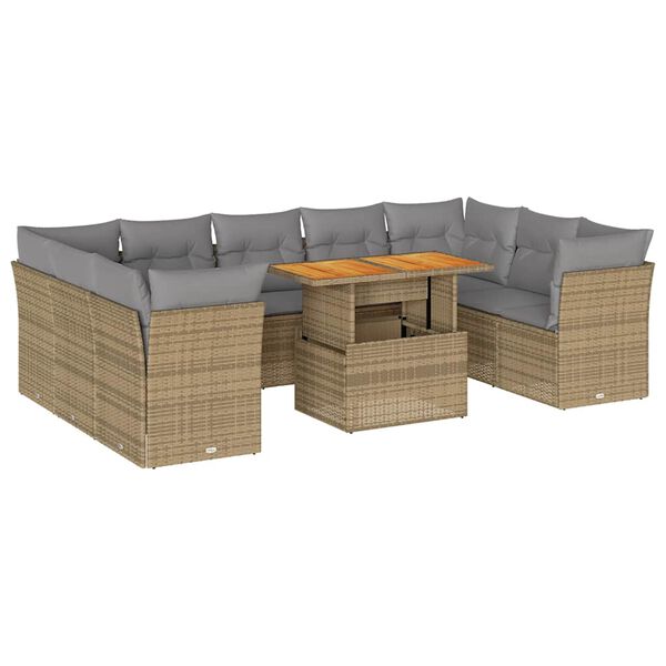vidaXL 10-tlg. Garten-Sofagarnitur mit Kissen Beige Poly Rattan