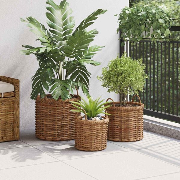 vidaXL Blumentopfkorb mit Speicher 3 pcs Braun Kubu Rattan