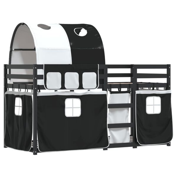 vidaXL Etagenbett mit Vorh&auml;ngen Wei&szlig; Schwarz 90x200 cm Kiefernholz