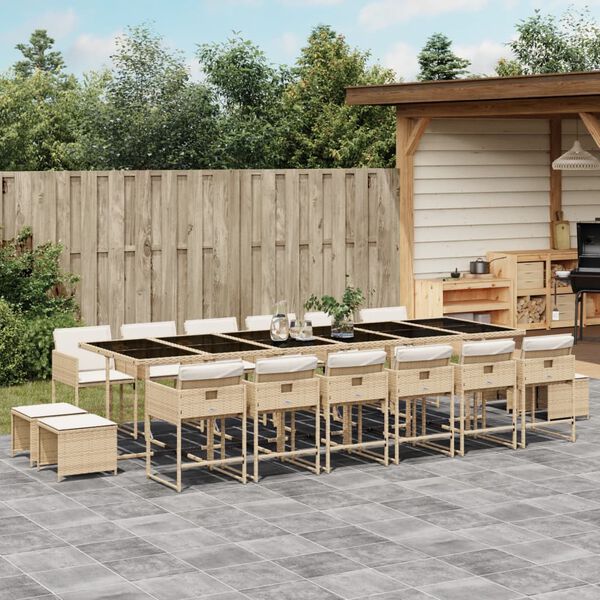 vidaXL 17-tlg. Garten-Essgruppe mit Kissen Beige Poly Rattan