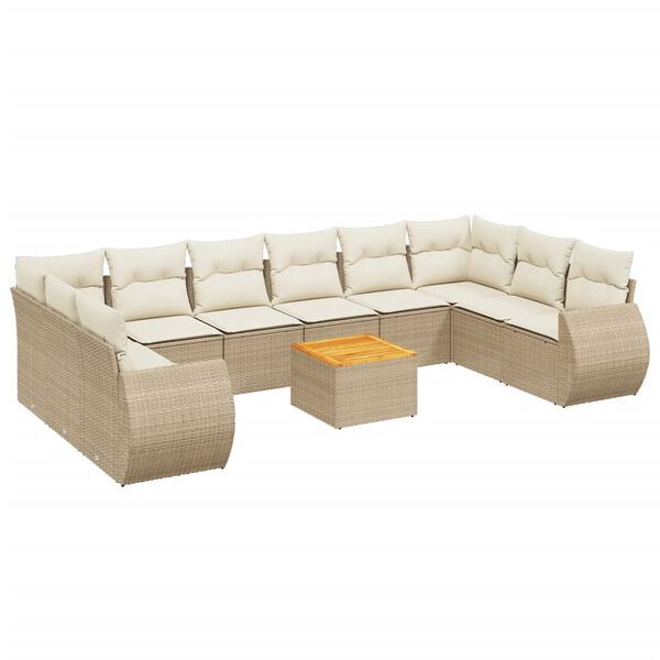 vidaXL 11-tlg. Garten-Sofagarnitur mit Kissen Beige Poly Rattan