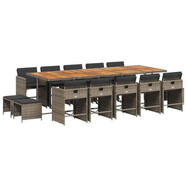 vidaXL 15-tlg. Garten-Essgruppe mit Kissen Grau Poly Rattan