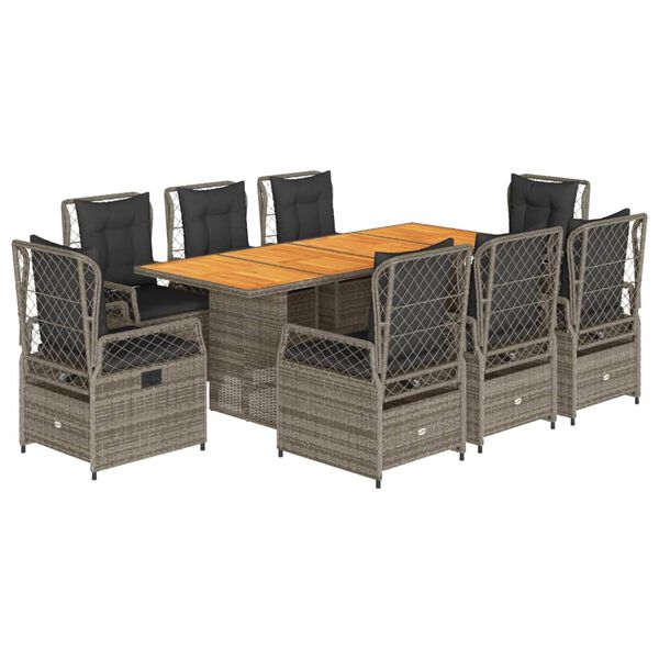 vidaXL 9-tlg. Garten-Essgruppe mit Kissen Grau Poly Rattan