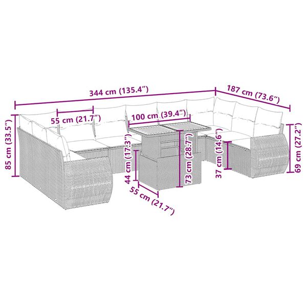 vidaXL 11-tlg. Garten-Sofagarnitur mit Kissen Beige Poly Rattan