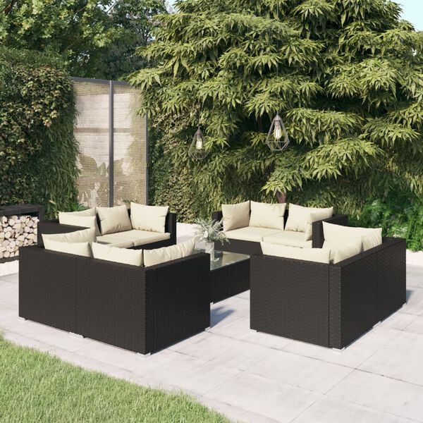 vidaXL 9-tlg. Garten-Lounge-Set mit Kissen Poly Rattan Schwarz