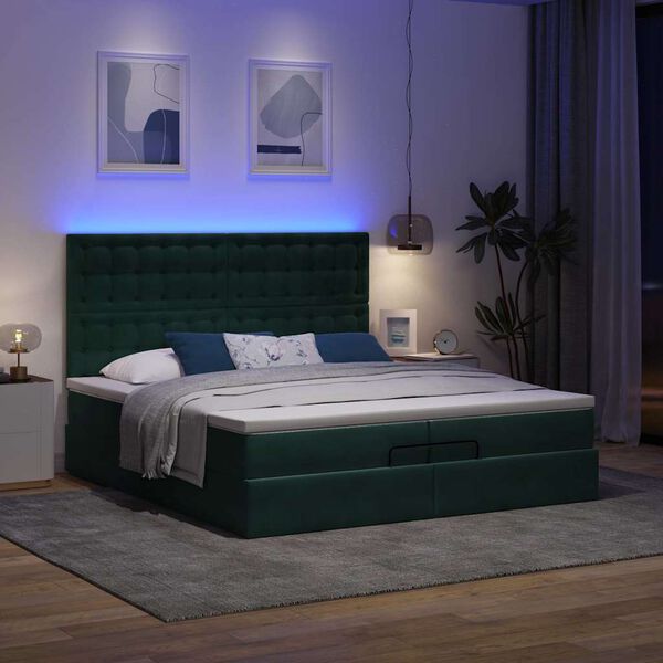 vidaXL Ottoman-Bett mit Matratzen & LEDs Dunkelgr&uuml;n 200x200 cm Samt