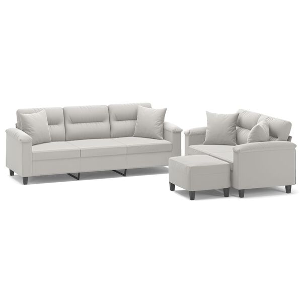 vidaXL 3-tlg. Sofagarnitur mit Kissen Hellgrau Mikrofasergewebe