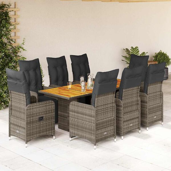 vidaXL 9-tlg. Garten-Bistro-Set mit Kissen Grau Poly Rattan