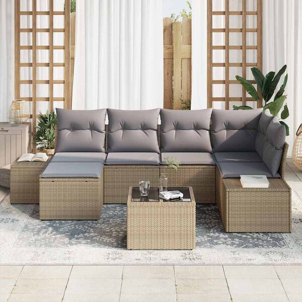 vidaXL Gartensofa-set mit Kissen 7 pcs Beige und Grau Poly-Rattan