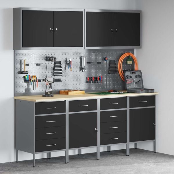 vidaXL Werkbank mit Speicher 10 pcs Schwarz Ingenieure Holz und Stahl