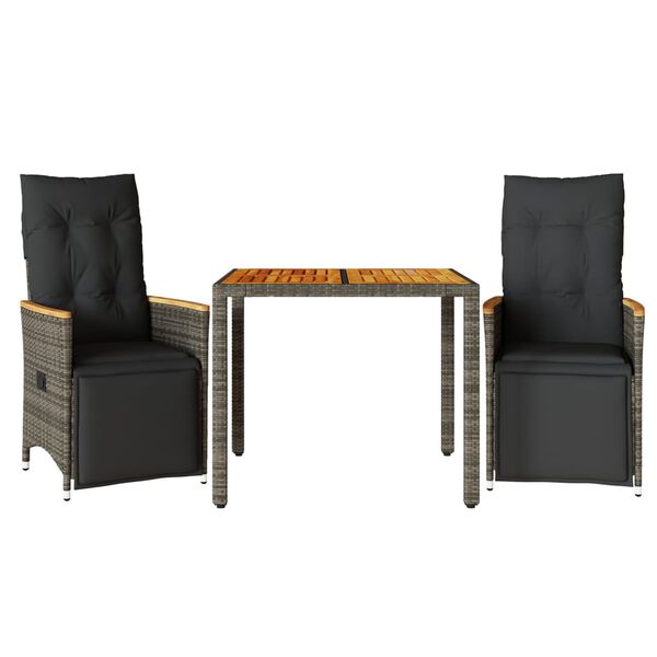 vidaXL 3-tlg. Garten-Bistro-Set mit Kissen Grau Poly Rattan