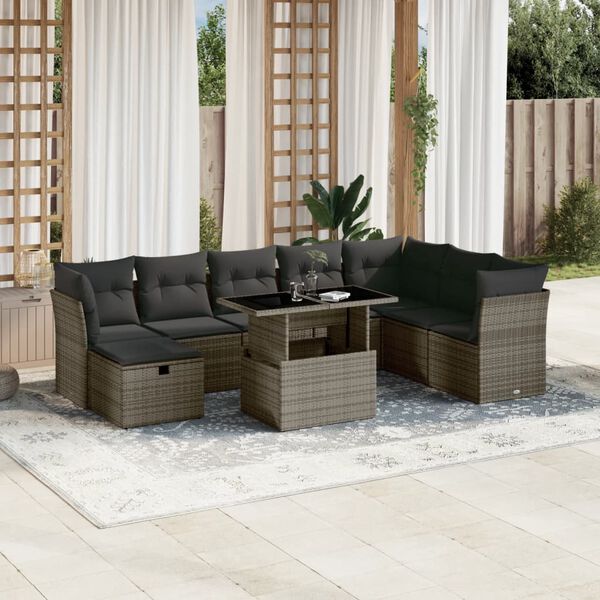 vidaXL 9-tlg. Garten-Sofagarnitur mit Kissen Grau Poly Rattan