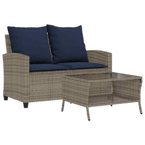 vidaXL Gartensofa 2-Sitzer mit Kissen & Tisch Grau Poly Rattan
