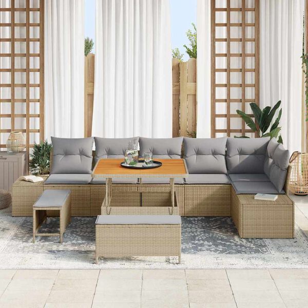 vidaXL Gartensofa-set mit Kissen mit Speicher 9 pcs Beige Poly Rattan
