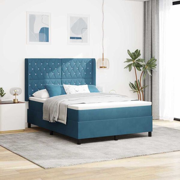 vidaXL Boxspringbett mit Matratze mit Kopfteil Blau 140 x 190 cm Samt