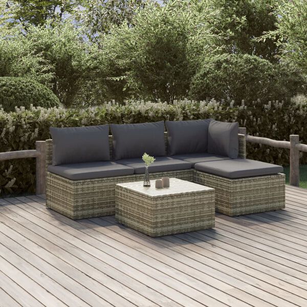 vidaXL 5-tlg. Garten-Lounge-Set mit Kissen Grau Poly Rattan
