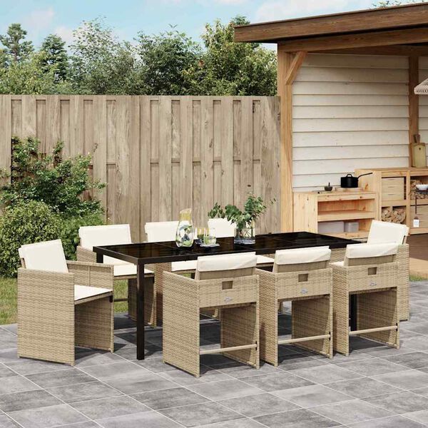 vidaXL Garten Essgruppe mit Kissen 9 pcs Beige Poly-Rattan