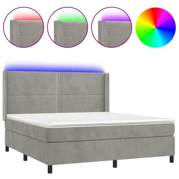 vidaXL Boxspringbett mit Matratze & LED Hellgrau 180x200 cm Samt