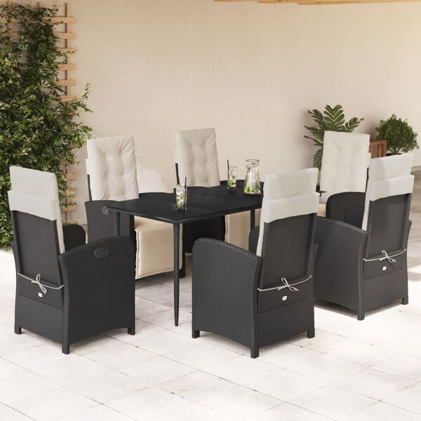 vidaXL 7-tlg. Garten-Essgruppe mit Kissen Schwarz Poly Rattan