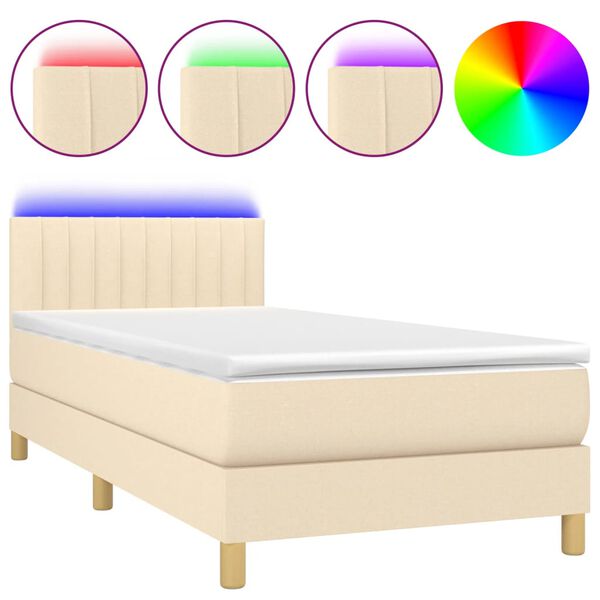 vidaXL Boxspringbett mit Matratze & LED Creme 90x190 cm Stoff