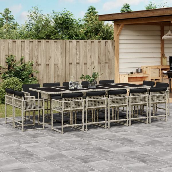 vidaXL 15-tlg. Garten-Essgruppe mit Kissen Hellgrau Poly Rattan