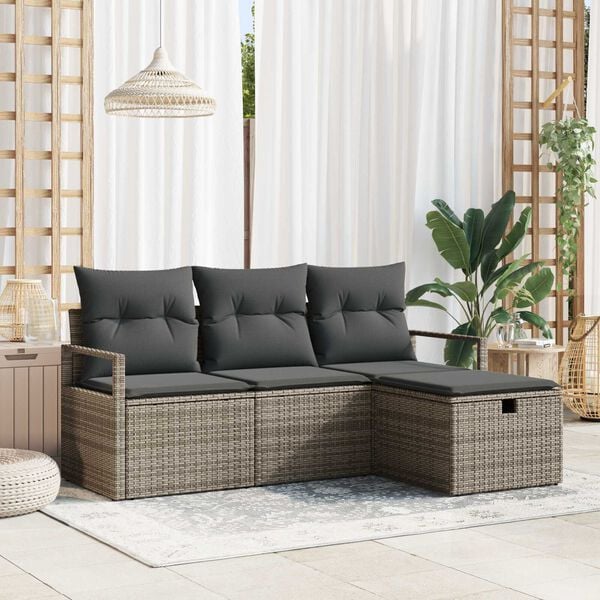 vidaXL Garten-Sofa-Set mit Kissen mit Speicher 4 pcs Grau Poly Rattan