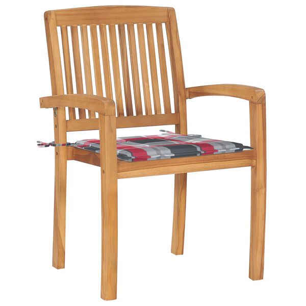 vidaXL Gartenstühle 2 Stk. Rote Karomuster Kissen Massivholz Teak