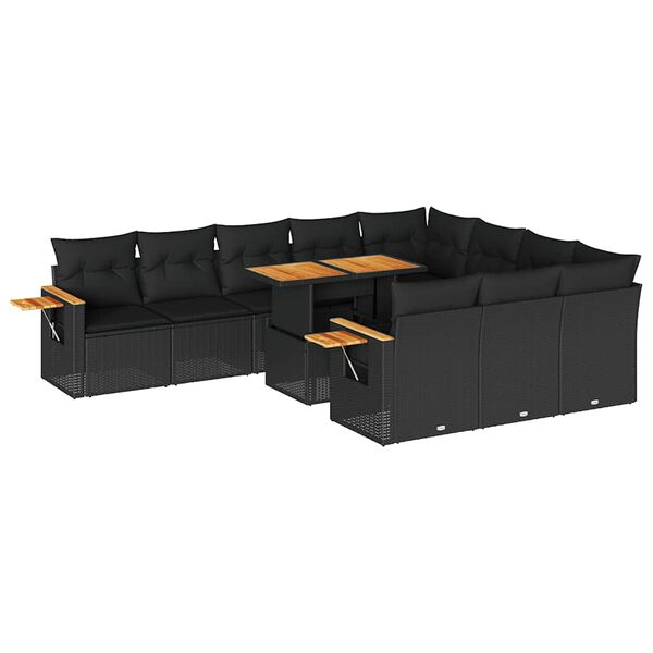 vidaXL 11-tlg. Garten-Sofagarnitur mit Kissen Schwarz Poly Rattan