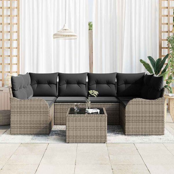 vidaXL Garten-Sofa-Set 7 pcs Grau Poly-Rattan und Stahl und Glas
