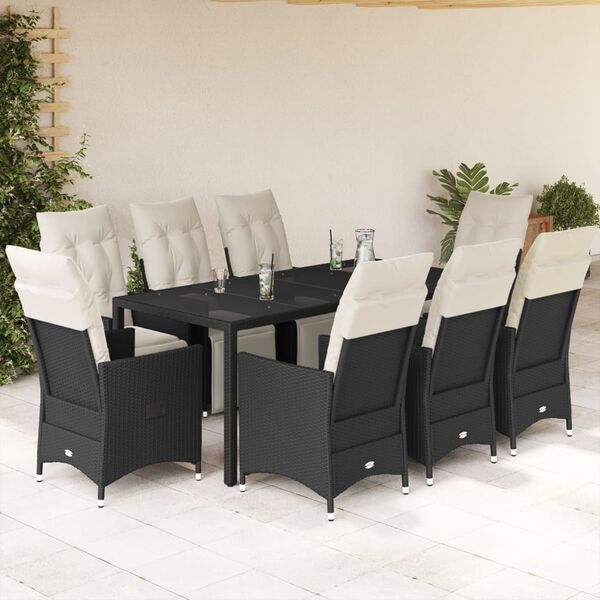 vidaXL 9-tlg. Garten-Essgruppe mit Kissen Schwarz Poly Rattan