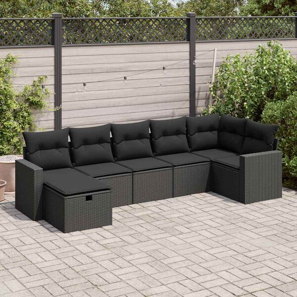 vidaXL 7-tlg. Garten-Sofagarnitur mit Kissen Schwarz Poly Rattan