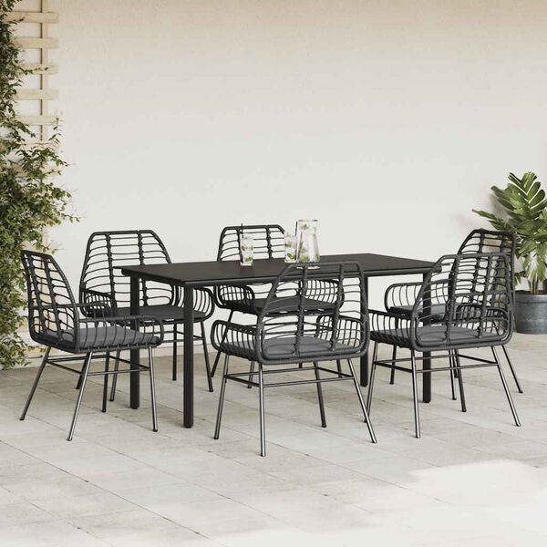 vidaXL 7-tlg. Garten-Essgruppe mit Kissen Schwarz Poly Rattan Glas